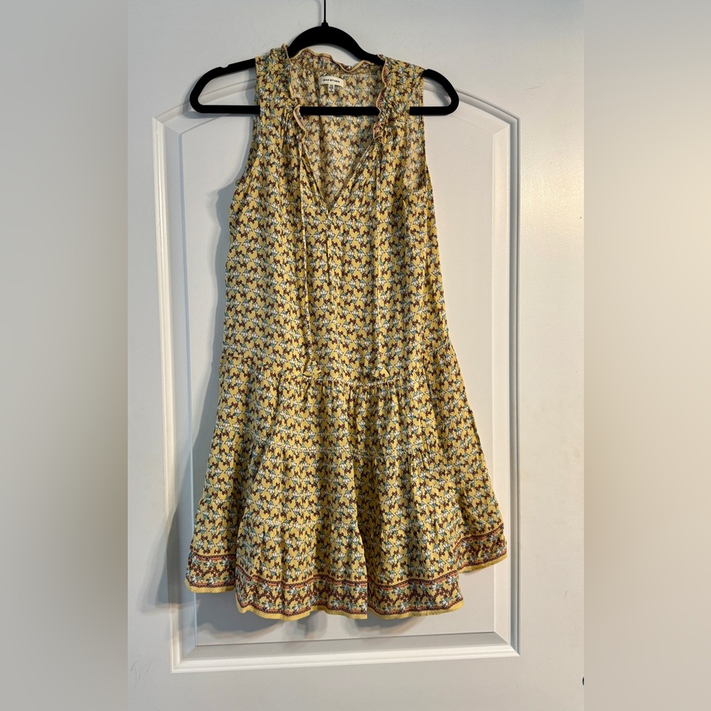 Max Studio Floral Tiered Dress Women XS Yellow Boho Sleeveless Mini Feminine